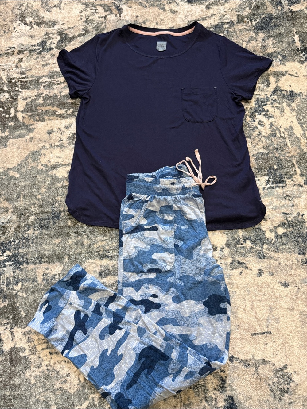 Women’s small Jane and Bleecker Navy Tee with Camo PJ set